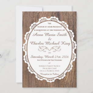 Chic Country Lace on Rustic Dark Wood Vintage Invitation