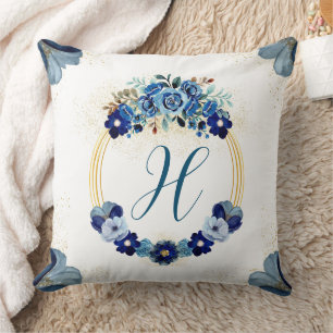 Chic Country Monogram Blue Gold Floral Wreath Cushion