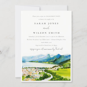 Chic Countryside Lake Village Landscape Engagement Invitation