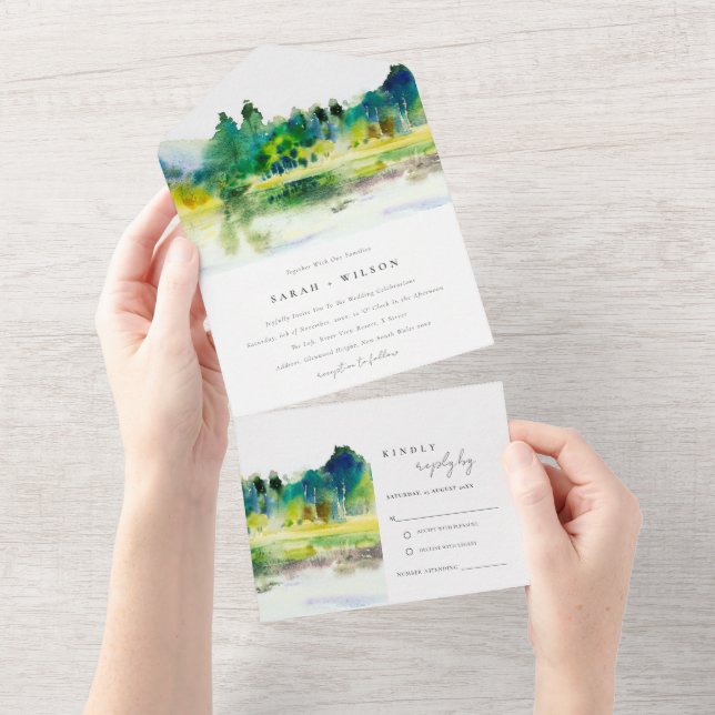 Chic Countryside Mountain River Landscape Wedding All In One Invitation (Tearaway)