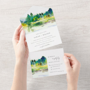 Chic Countryside Mountain River Landscape Wedding All In One Invitation