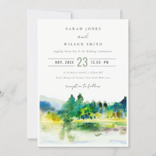 Chic Countryside Mountain River Landscape Wedding Invitation