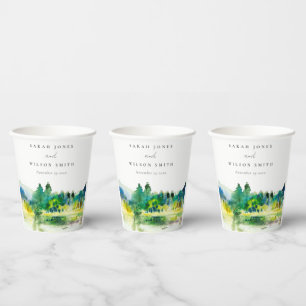Chic Countryside Mountain River Landscape Wedding Paper Cups