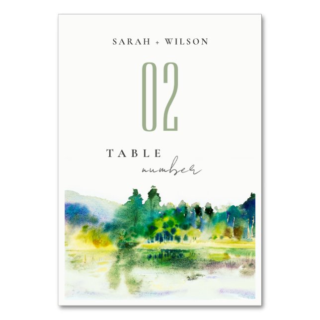 Chic Countryside Mountain River Landscape Wedding Table Number (Front)