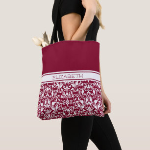 Chic Cranberry and White Damask Personalised Tote Bag