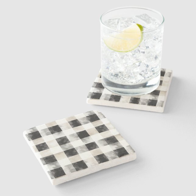 Chic Cream Black Plaid Christmas Stone Coaster (Side)