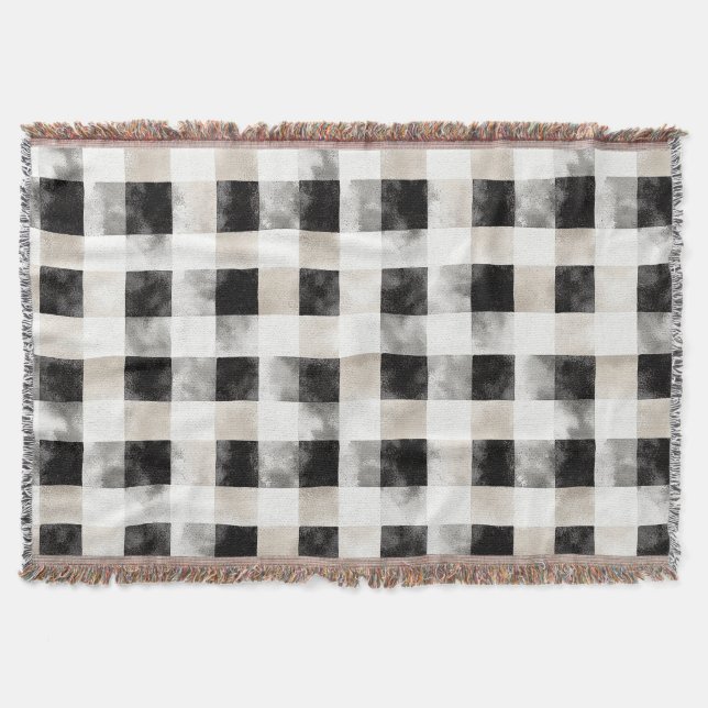 Chic Cream Black Plaid Christmas Throw Blanket (Front)
