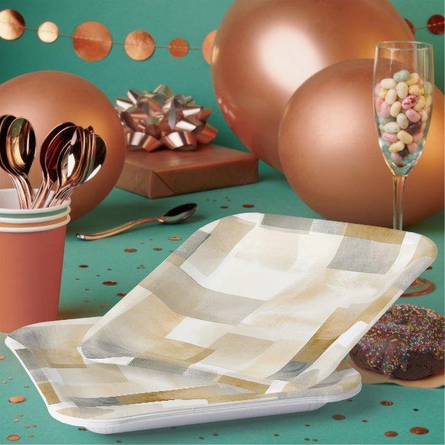 Chic Cream Brown Abstract Paper Plate (Multi)