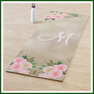 Chic Cream Floral Custom Monogram Name   Yoga Mat