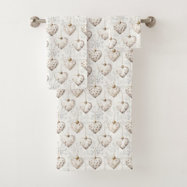 Chic Cream Grey Hearts Ornaments   Bath Towel Set (Insitu)