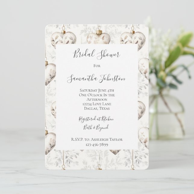 Chic Cream Grey Hearts Ornaments Bridal Shower Invitation (Standing Front)
