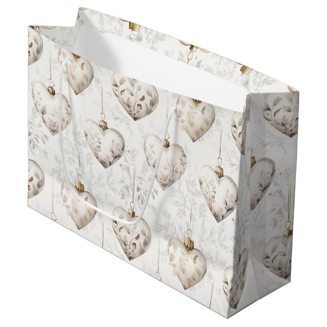 Chic Cream Grey Hearts Ornaments Wedding Large Gift Bag (Front Angled)