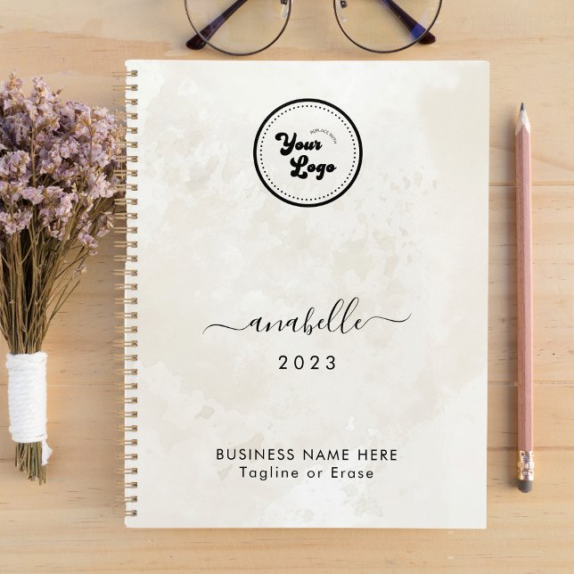Chic Cream Marble Name Year Custom Business Logo Planner (Creator Uploaded)