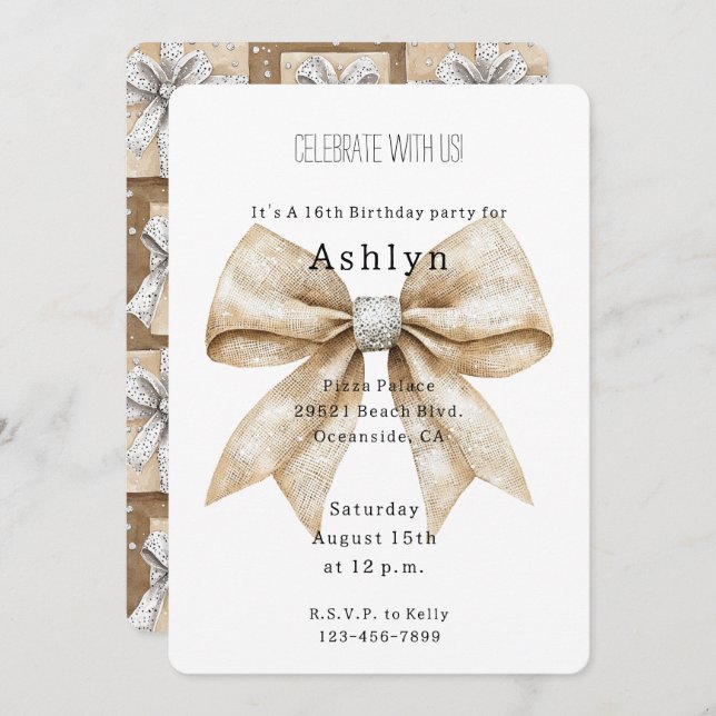 Chic Cream Silver Glam Bow Birthday   Invitation (Front/Back)