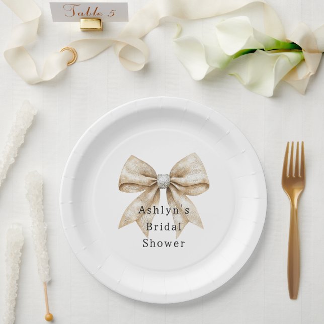 Chic Cream Silver Glam Bow Bridal Shower Paper Plate (Wedding)