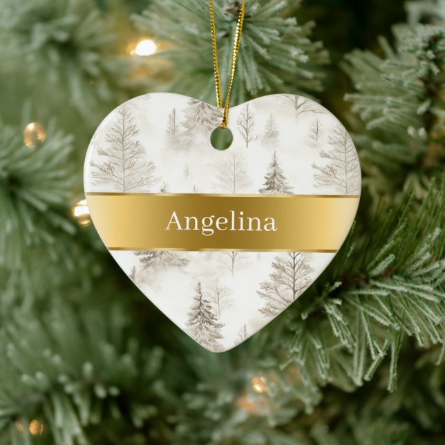 Chic Cream Trees Gold Ribbon Christmas Ceramic Ornament (Tree)