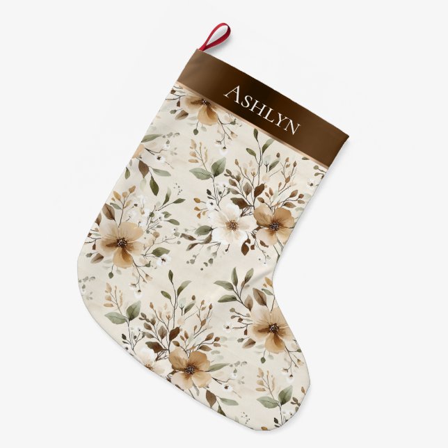 Chic Cream White Brown Flowers Christmas   Large Christmas Stocking (Front (Hanging))