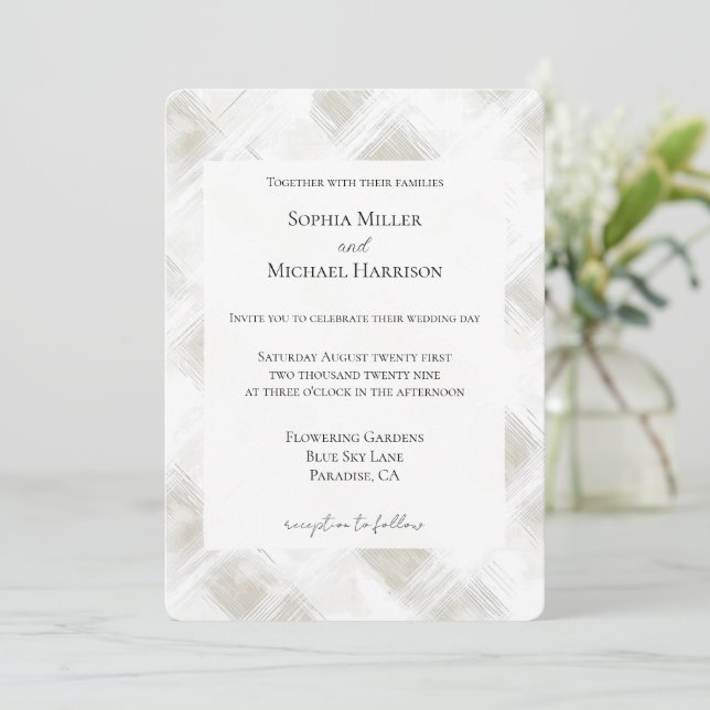 Chic Cream White Stripes Wedding Invitation (Standing Front)