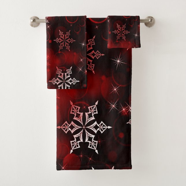 Chic Crimson Red Snowflake Motif Bath Towel Set (Insitu)