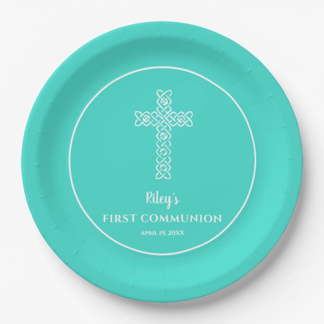 Chic Cross on Turquoise First Communion Paper Plate (Front)
