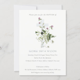 Chic Cross Purple Wildflower Floral Baptism Invite