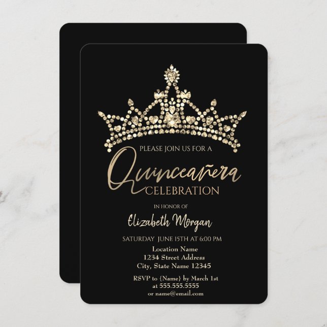 Chic Crown Confetti Black Quinceañera   Invitation (Front/Back)