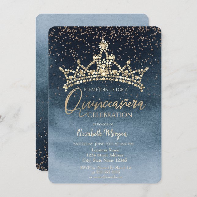 Chic Crown Confetti Navy Blue Quinceañera  Invitation (Front/Back)