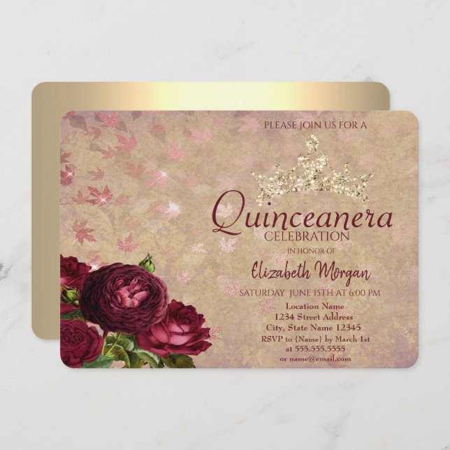 Chic Crown Red Roses Quinceañera    Invitation (Front/Back)