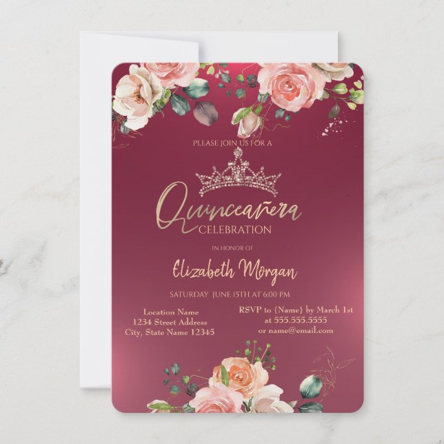 Chic Crown Roses Burgundy Quinceañera  Invitation (Front)