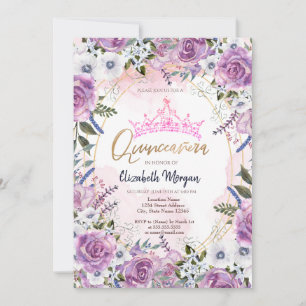 Chic Crown Violet Flowers Quinceanera Invitation