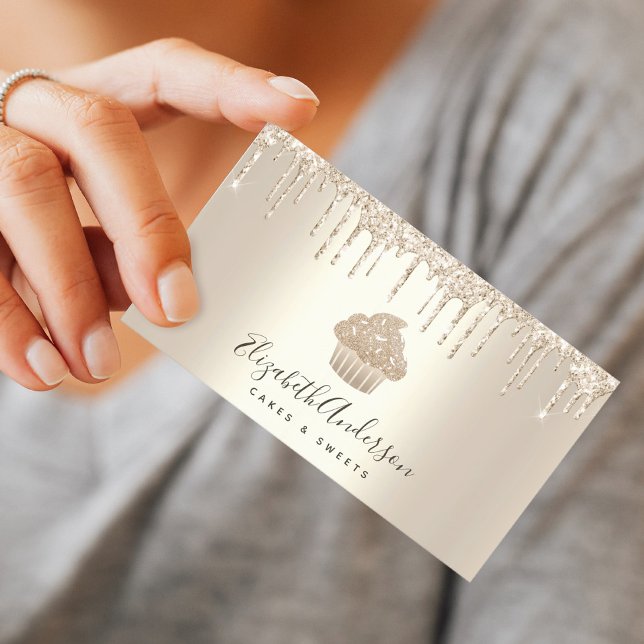 Chic Cupcake Bakery Pastry Chef Gold Glitter Drips Business Card (Creator Uploaded)