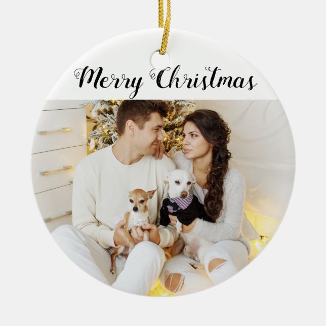 Chic Custom Family Couple Photo Holiday Christmas Ceramic Ornament (Front)