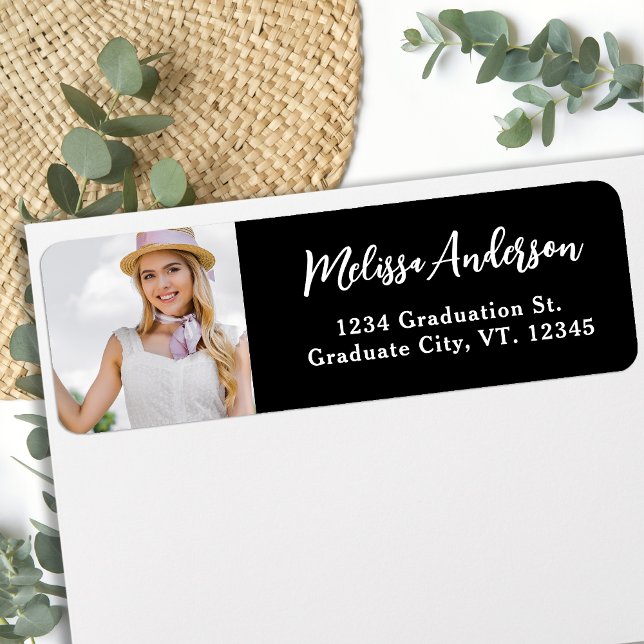 Chic Custom Photo Black Graduation Return Address Label (Creator Uploaded)