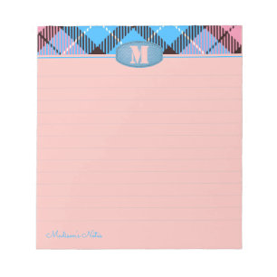 Chic Custom Script Monogram Plaid Jeans Pink Lined Notepad