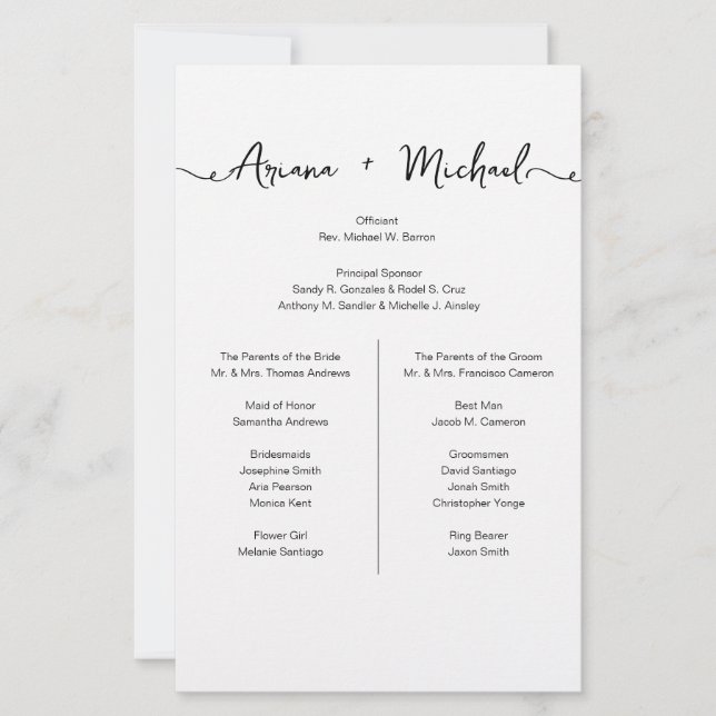 Chic Custom wedding Simple Entourage list  (Front)