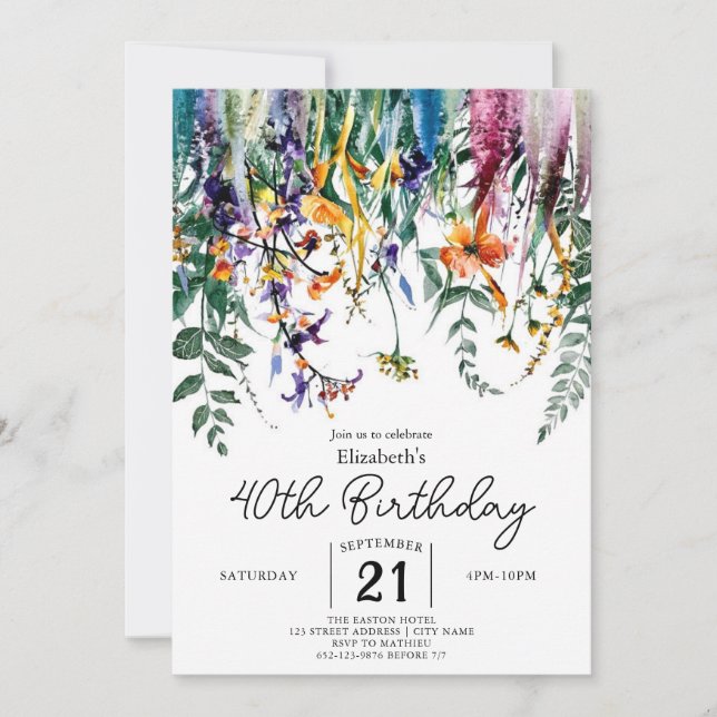 Chic Custom Wildflowers 40th birthday  Invitation (Front)