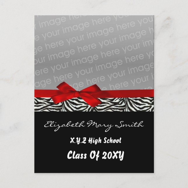 chic cute bow red photo Graduation Invitation Postcard (Front)