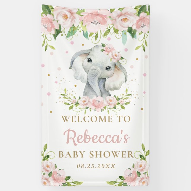 Chic Cute Elephant Pink Floral Backdrop Welcome Banner (Vertical)