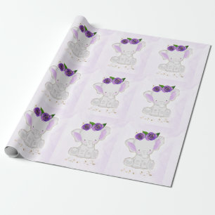Chic Cute Elephant Purple Gold Flowers Wrapping Paper