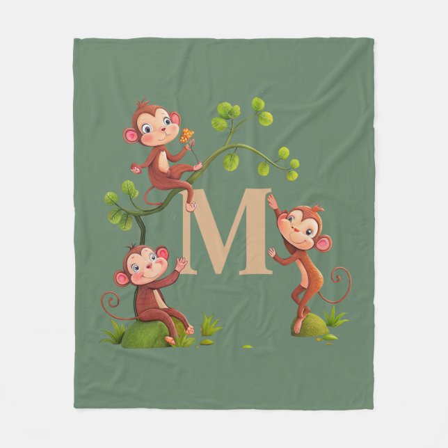 Chic Cute Monkeys, Golden Monogram on Laurel Green Fleece Blanket (Front)