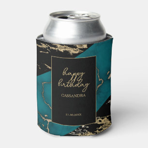 Chic Cyan Marble Gold Foil Paint Texture Birthday Can Cooler