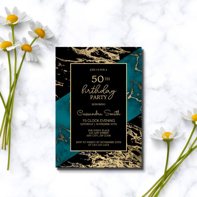 Chic Cyan Marble Gold Foil Paint Texture Birthday Invitation (Creator Uploaded)