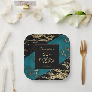 Chic Cyan Marble Gold Foil Paint Texture Birthday Paper Plate