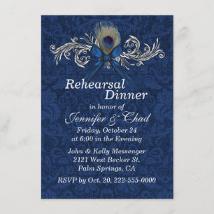 Chic Damask and Peacock Feather Wedding Rehearsal Invitation