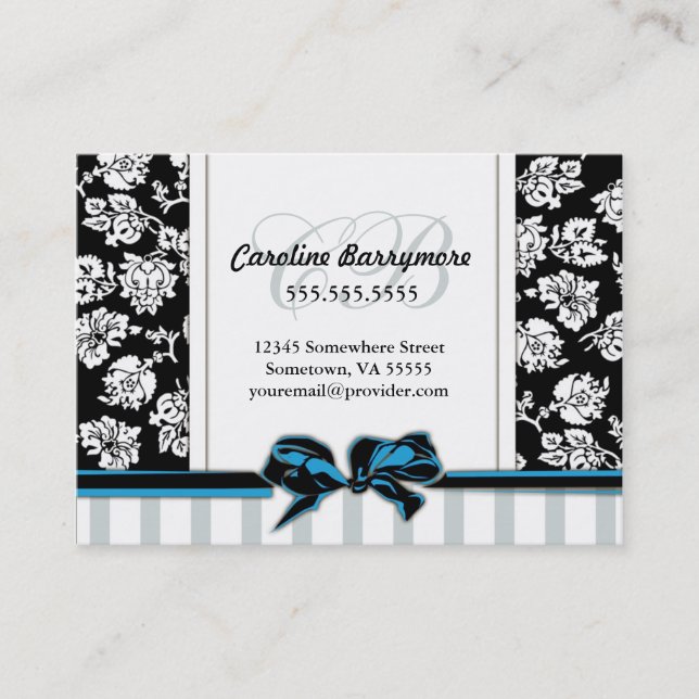 Chic Damask and Striped Business Card (Front)