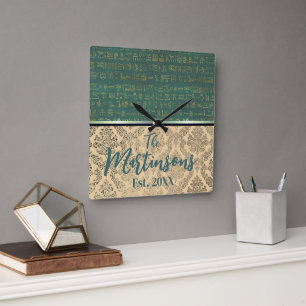Chic Damask Egyptian Hieroglyphs Family Name Square Wall Clock