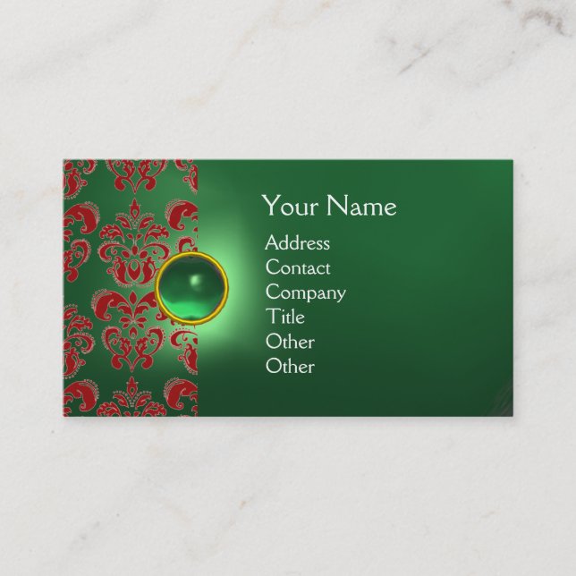 CHIC DAMASK GEM  MONOGRAM green red Business Card (Front)