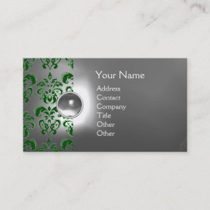 CHIC DAMASK GEM MONOGRAM white green Business Card
