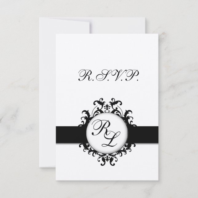 Chic Damask Monogram Wedding RSVP Card Cream Black (Front)