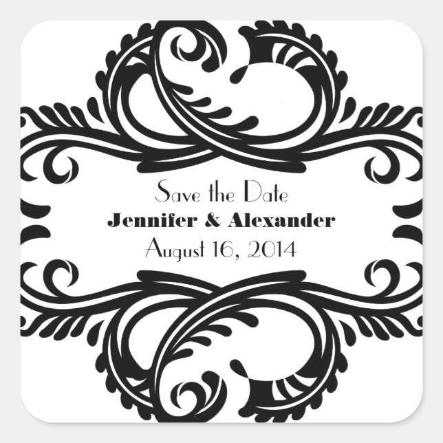 Chic Damask Save the Date Stickers, Black Square Sticker (Front)